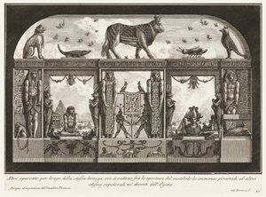 Outro corte transversal da mesma oficina, onde a imensa pirâmide pode ser vista entre as aberturas do vestíbulo, de modo diverso de adornar os caminhos de Giovanni Battista Piranesi