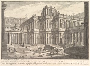 Fórum romano antigo cercado por pórticos, com galerias, algumas das quais comunicam ..., ca. 1750 de Giovanni Battista Piranesi
