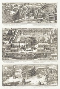 Vista aérea dos teatros Balbo e Marcello, do Panteão e arredores e do anfiteatro Statilio Tauro de Giovanni Battista Piranesi