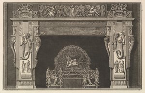 Chaminé: Friso de troféus e vitórias aladas no lintel, com cornucopias ..., ca. 1769 de Giovanni Battista Piranesi