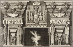 Lareira em estilo egípcio: duas múmias de perfil à esquerda e duas figuras que transportam obeliscos à direita. de Giovanni Battista Piranesi