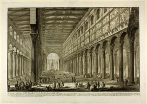 Vista em corte do interior da Basílica de S. Paolo fuori delle Mura [St. Paulo Fora dos Muros], de Vistas de Roma de Giovanni Battista Piranesi