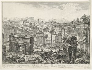 Forum Romanum te Rome
Vista do Campo Vaccino (título sobre o objecto)
Gezichten op Rome (título da série)
Vistas de Roma desenhadas e gravadas pelo arquitecto Giambattista Piranesi Ve(nez)iano (título da série) de Giovanni Battista Piranesi