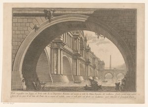 Vista de uma ponte com arcos e galerias Primeira parte de Arquitetura e Perspectivas (título da série) Prima parte di architetture e prospettive (título da série) de Giovanni Battista Piranesi