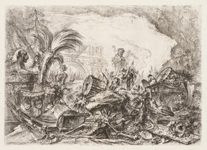 Groteschi: Ruínas com uma estátua de um fauno e uma coluna caída de Giovanni-Battista Piranesi