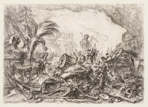 Groteschi: ruínas com uma estátua de um fauno e uma coluna caída, ca. 1745-50. de Giovanni Battista Piranesi
