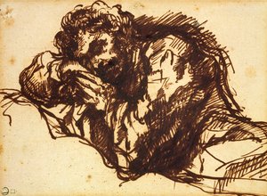 Meio comprimento, retrato, de, um, homem, curvatura, sobre, (caneta, e, tinta, ligado, paper) de Giovanni Battista Piranesi