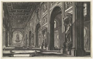 Interieur van de Sint-Jan van Lateranen te Roma Vista interior da Basílica de S. Giovanni Laterano (título no objeto) Gezichten op Rome (título da série) Vistas de Roma projetadas e gravadas pelo arquiteto Giambattista Piranesi Ve (nez) iano (título da sér de Giovanni Battista Piranesi
