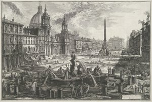 Praça Navona te Roma Vista da Piazza Navona sobre as ruínas do Circo Agonal (título no objeto) Gezichten op Rome (título da série) Vistas de Roma projetadas e gravadas pelo arquiteto Giambattista Piranesi Ve (nez) iano (título da série) de Giovanni Battista Piranesi