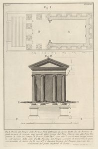 Planta e fachada do Templo da Fortuna Virilis Tempio della Fortuna Virile, do século ..., 1756. de Giovanni Battista Piranesi