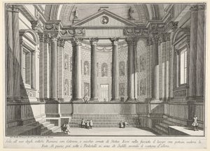 Ilustração 9: Salão das colunatas de acordo com o costume dos romanos antigos, e nichos adorne ..., 1743. de Giovanni Battista Piranesi