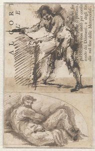 Estudo de uma figura masculina de pé a medir um pedestal (a). Estudo a partir de Il Giorno de Michelangelo (b) de Giovanni Battista Piranesi