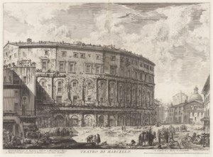 Teatro di Marcello. Questo fu fabricato da Augusto, e dedicato a Marcello suo Nipote (O Teatro de Marcello. Este edifício foi construído por Augusto, e dedicado ao seu sobrinho Marcellus), de Vedute di Roma (Vistas de Roma) de Giovanni Battista Piranesi