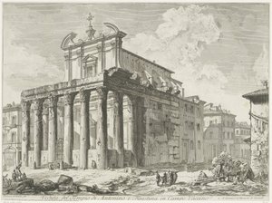 Tempel van Antoninus em Faustina te Rome Vista do Templo de Antonino e Faustina em Campo Vaccino (título no objeto) Gezichten op Rome (título da série) Vistas de Roma projetadas e gravadas pelo arquiteto Giambattista Piranesi Ve (nez) iano (título da série de Giovanni-Battista Piranesi
