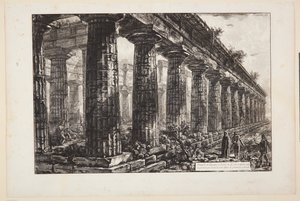 Templo de Neptuno em Paestum, visto de lado e desenhado maior do que na primeira prancha de Giovanni Battista Piranesi
