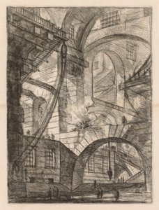 As prisões: uma perspectiva de arcos com um fogo fumegante de Giovanni Battista Piranesi