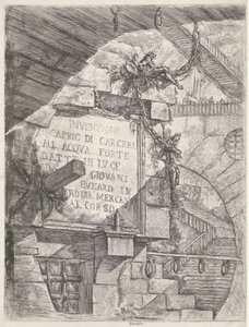 Impressão de título com rosto em calabouço e título na parede
Masmorras (título da série)
Invenzioni Capric di Carceri all Acqua Forte (título da série sobre o objecto) de Giovanni Battista Piranesi