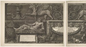 Titelblatt mit Skulpturen, geschnitzten Reliefs und einem Sarkophag mit Titel Vasen, Kandelaber, Grabsteine, Sarkophage, Dreifüße, Lampen und Ornamente entworfen und graviert von Giovanni Battista Piranesi (Serientitel) Vasi, candelabri, cippi, sarcofagi