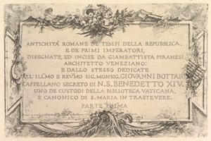 Folha de rosto: Antiguidade Romana do Tempo da República e dos Primeiros Imperadores Antiguidade..., ca. 1748. de Giovanni Battista Piranesi