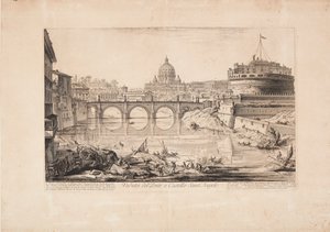 Vista da ponte e do Castelo de Santo Ângelo, o Mausoléu de Adriano, com barcos no Tibre em primeiro plano e a cúpula da Basílica de São Pedro ao fundo de Giovanni Battista Piranesi