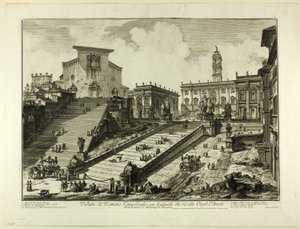 Vista do Monte Capitolino com os degraus da Igreja de S. Maria in Aracoeli, de Vistas de Roma de Giovanni Battista Piranesi