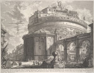 Vista do Mausoléu do Imperador Adriano agora chamado Castel S. Angelo..., ca. 1756. de Giovanni Battista Piranesi