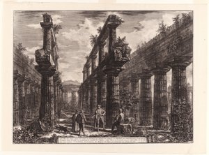 Vista dos restos das duas fileiras de colunas no Templo de Netuno que [originalmente] formavam as colunatas ao longo dos lados da cela e sustentavam a parte superior do telhado, de diferentes vistas de Paestum de Giovanni-Battista Piranesi