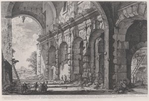 Vista do andar superior das Jaulas para Animais Selvagens construídas pelo Imperador Domiciano, associadas ao Anfiteatro Flaviano e comumente chamadas de Curia Hostilia, c.1760-1778 (gravura) de Giovanni Battista Piranesi