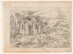Paisagem com templo antigo com caryatids de Giovanni Battista Pittoni (I) (attributed to)