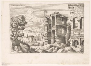 Gezicht op het Coliseu e omgeving te Roma Colosseum ro prospectus (título no objeto) Ruínas romanas (título da série) Alguns Monumentos Importantes da Antiguidade Romana (...) (título da série)