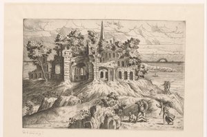 Paisagem com ruínas na orla marítima e um sol nascente ou poente
Paisagens com ruínas e arquitectura e figuras de fantasia em trajes antigos e exóticos (título da série)