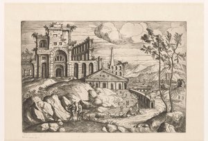 Paisagem com ruínas e arquitectura de fantasia sobre água corrente com cascata
Paisagem com ruínas e arquitectura e figuras de fantasia em trajes antigos e exóticos (título da série)