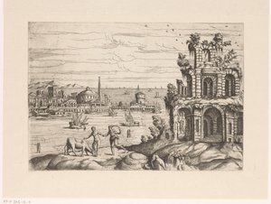 Paisagem urbana com ruínas e arquitetura de fantasia à beira-mar Paisagens com ruínas e arquitetura de fantasia e figuras em trajes antigos e exóticos (título da série)