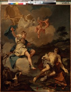Diana e Endymion (Diana e Endymion). Na mitologia grega, Diana (Artemis) visita Endymion durante a noite e cai em um sono perpétuo apenas para contemplar sua beleza. Pintura de Giambattista (Giovan Battista) (Giovanni Battista) Pitton