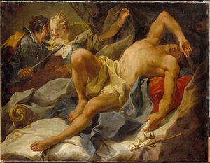 A Morte do Rei Candaules - Assassinado por Gyges, seu confidente e rival, que o esfaqueia e casa com a sua esposa Rainha Tudo - Pintura de Giambattista (Giovan Battista) (Gio