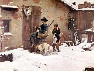 De volta da caça. Pintura de G.Quadrone. 1890 Milão