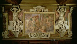 Caça ignorância, detalhe de esquema decorativo na Galeria de Francisco I, 1530-40 fresco e estuque de Giovanni Battista Rosso Fiorentino
