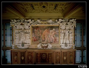 O saque de Tróia ou Catania, detalhe do esquema decorativo na Galeria de Francisco I (1494-1547) 1535-40 (afresco e estuque) de Giovanni Battista Rosso Fiorentino