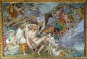 A morte de Adónis, fresco da 5ª travessia sul da galeria de François I em Fontainebleau. Pintura de Giovanni Battista di Jacopo Rosso (1494-1541)