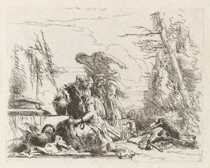 Uma mulher com os braços acorrentados e quatro outras figuras, de Vari capricci (Vários caprichos) de Giovanni Battista Tiepolo