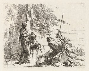 Uma mulher com as mãos num vaso, um soldado, e um escravo, de Vari capricci (Vários Capriccios) de Giovanni Battista Tiepolo