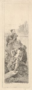 Um homem barbudo e sentado olha por cima do ombro direito em direção a uma criança e uma mulher carregando ..., ca. 1750-55. de Giovanni Battista Tiepolo