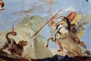Bellerophon, montando Pegasus, matando o Chimaera, detalhe do afresco do teto ver também 64554 de Giovanni Battista Tiepolo