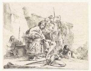 Menino sentado ao lado de um vaso com algumas outras pessoas de Giovanni Battista Tiepolo