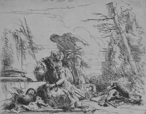 Mulher acorrentada e outras figuras sobre uma pira de ossos, do Capricci, 1743. de Giovanni Battista Tiepolo