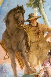 Detalhe do camponês, de Angelica Coming to the Aid of the Wounded Medoro, da sala de Orlando Furioso na Palazzina, 1757 de Giovanni Battista Tiepolo