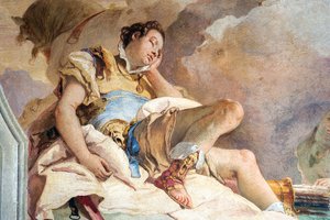 Detalhe de Rinaldo, de Armida Abduction the Sleeping Rinaldo, da Sala de Jerusalém Entregue na Palazzina, 1757 de Giovanni Battista Tiepolo