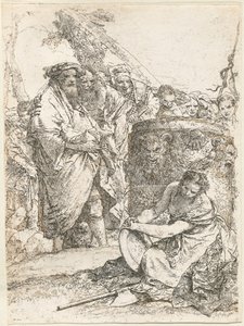 Mágico e outras figuras diante de um altar em chamas com caveira e ossos de Giovanni Battista Tiepolo