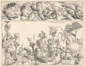 Armas romanas, padrões e troféus, uma composição dividida em duas faixas horizontais, 1774. de Giovanni Battista Tiepolo