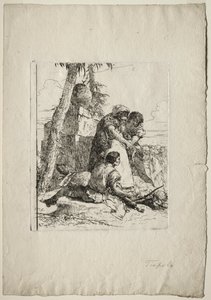 Scherzi di Fantasia: Mágico apontando uma cabeça em chamas para dois jovens de Giovanni Battista Tiepolo